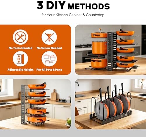 Pots and Pans Organizer Rack under Cabinet 15.7 Height, 8 Tiers Adjustable Pot Pan Rack with Adjustable Pot Rack for Frying Pan, Cast Iron Skillet, Black