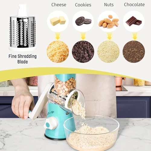 X Home Rotary Cheese Grater for Kitchen, Shredder with 3 Interchangeable Blades, Rotary Grater with Handle and Strong Suction Base, for Vegetables, Fruit, Nuts, Easy to Use and Clean, Blue (Pack of 2)