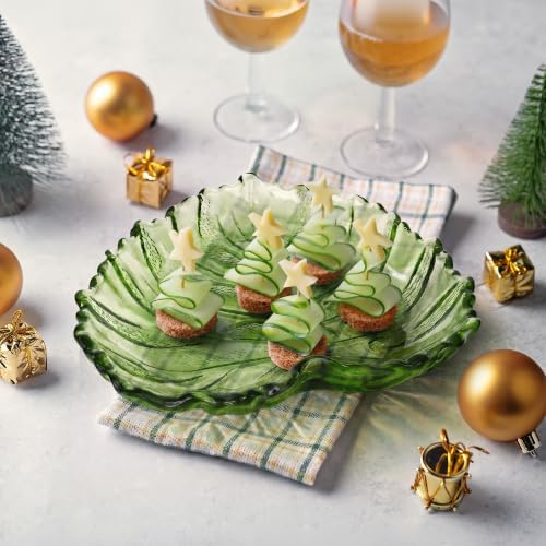Joeyan Monstera Leaf Glass Serving Trays, Green Glass Plate with Embossed Vein Texture & Serrated Edge, Decorative Dish for Fruit, Candy, Jewelry, Snacks, Salads, Desserts, Dishwasher Safe