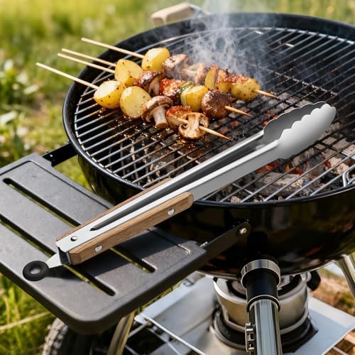 12-Inch Stainless Steel Kitchen Tongs with Oak Wood Handle,Heavy Duty