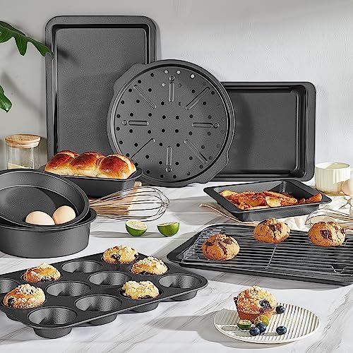 HONGBAKE Bakeware Sets, Baking Pans Set, Nonstick Oven Pan for Kitchen with Wider Grips, 10 Pieces Including Rack, Cookie Sheet, Cake Pans, Loaf Pan, Muffin Pan, Pizza Pan - Grey (Pack of 2)