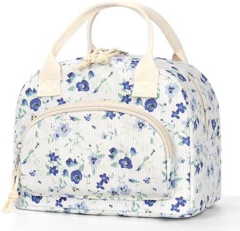 TESAFNG Lunch Bag - Insulated Lunch Box for Women, Reusable Large Capacity Cooler Bag for Adult, Small Leakproof Cute Corduroy Lunch Tote for Work Office Travel Picnic (Blue Flower)