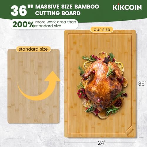 Kikcoin 36”×24” Bamboo Cutting Boards for Kitchen, Heavy Duty Wooden Cutting Boards, Healthy Extra Large Chopping Boards with Deep Juice Groove and Handle, Oversized Stove Top Cover, Natural
