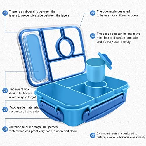 Amathley Bento Box Adult Lunch Box Kids,Lunch Containers for Adults/Kids/Toddler,5 Compartments Bento Lunch Box with Sauce Vontainers,Microwave & Dishwasher & Freezer Safe,BPA-Free (Blue)