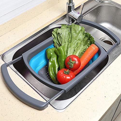 Qimh Colander Collapsible, Colander Strainer Over the Sink Food Colanders Strainers with Extendable Handles, 6-Quart, Dishwasher-Safe Kitchen Folding Strainer for Pasta, Veggies and Fruits