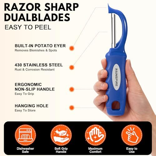 Rainspire Vegetable Peeler Potato Peelers for Kitchen, Sharp Stainless Steel Blades Veggie, Comfortable Handle Fruit Peeler, Carrot Peeler Apple Peeler Dishwasher Safe, Dark Blue, 1-Pack