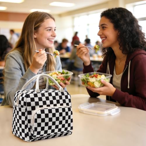 GASSDA Lunch Box for Women Insulated Lunch Bag Women Adult Cute Lunch Bags Reusable Lunchbox Cooler Tote Bag for Work Picnic (Black-White Plaid)