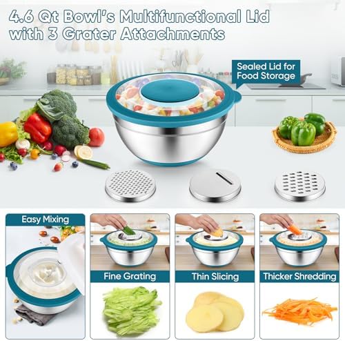 P&P CHEF Mixing Bowls with Lids, Metal Mixing Bowl with Colander, Blue
