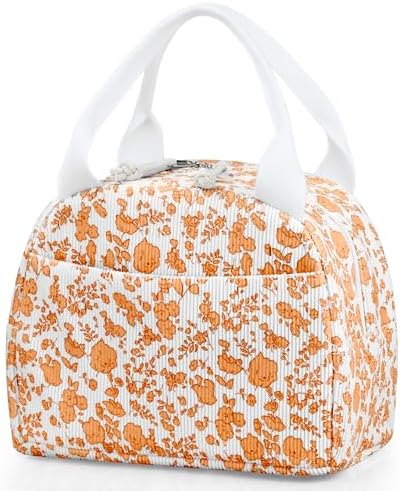 TESAFNG Lunch Bag - Insulated Lunch Box for Women, Reusable Large Capacity Cooler Bag for Adult, Small Leakproof Cute Corduroy Lunch Tote for Work Office Travel Picnic (Corduroy Orange-Flower)