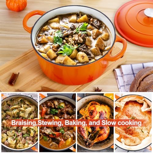 E-far 6 Quart Dutch Oven, Enameled Cast Iron Dutch Oven Pot with Lid, Nonstick Round Cookware for Braising/Stews/Roasting/Bread Baking/Cooking, Heavy Duty, Induction & Oven Safe - Orange