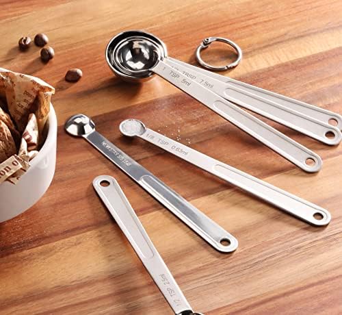 New Star Foodservice 43112 Stainless Steel Measuring Spoons, Set of 6, Round Metal Measuring Spoon Set with Ring Hook for Baking, Cooking, Spices, Wet and Dry Ingredients, Silver