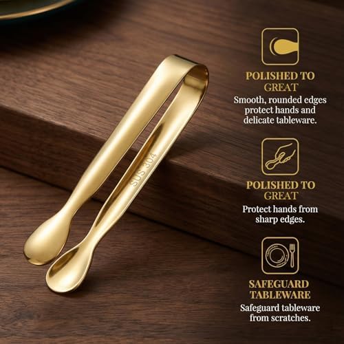 Mini Serving Tongs Set of 6, 4.25 Inch Gold Stainless Steel Small Tongs