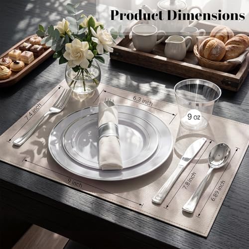 WDF Partyware 350Piece Silver Plastic Dinnerware Set for 50 Guests - Silver Plastic Plates with Cutlery Include:50Dinner Plates-50Dessert Plates-50Pre Rolled Napkins with Silverware Party Wedding