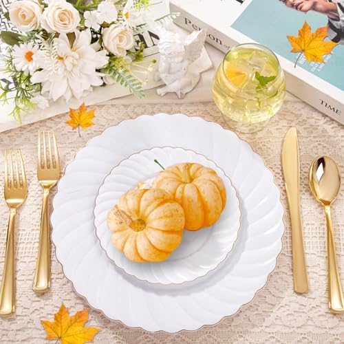 YOUBET 125PCS White and Gold Plastic Plates for Wedding Parties