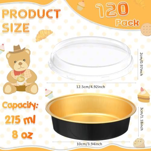 Yinder 120 Pcs 8oz Disposable Mini Pie Pans/tins with Lids Tart Pans, Small Cake Pan Round Containers Aluminum, 4 Inch Mini Cake Pan for Quiche Cheesecake Container Oven Bake Sale(Black Gold)