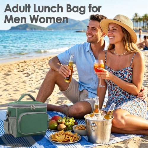 FlowFly Insulated Reusable Lunch Bag Adult Large Lunch Box for Women and Men with Adjustable Shoulder Strap,Front Zipper Pocket and Dual Large Mesh Side Pockets,ArmyGreen