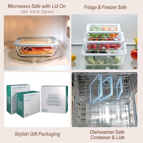 Glass Food Storage Containers with Lids, Plastic Free Semi-Tempered Glass Lids with Silicone Air Vent, Airtight & Leak-Proof Meal Prep Container Set, Oven, Microwave, Freezer & Dishwasher Safe