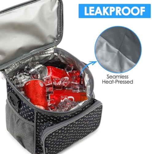 FlowFly Insulated Reusable Lunch Bag Adult Large Lunch Box for Women and Men with Adjustable Shoulder Strap,Front Zipper Pocket and Dual Large Mesh Side Pockets,Alphabet