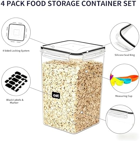4pc 6.5L Large Airtight Plastic Canisters with Lids, Cups & Labels