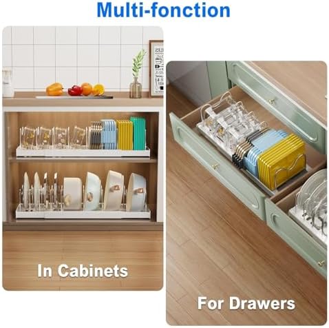 Mustorn Pots and Pans Organizer Under Cabinet, 22" Expandable Food Storage Container Lid Organizers with 9 Adjustable Dividers Pot and Pan Lid Holders Rack Inside Cabinet/Countertop(1 Pack, White)