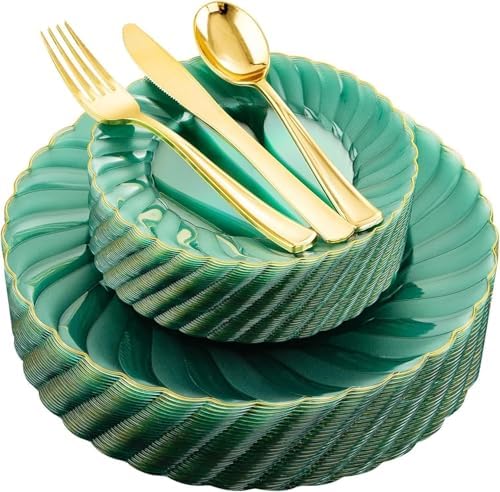 YOUBET 125PCS Clear Green Plastic Plates with Gold Rim for Wedding Party