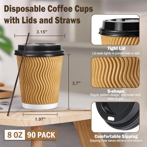 SIUQ 90 Pack 8 oz Disposable Coffee Cups with Lids and Straws - Champagne