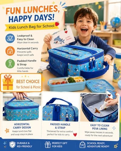Lunch Box Kids,Cute Cartoon Insulated Lunch bag for Kids Boys Girls Portable Lightweight Small Lunchbox Special Design for school Picnic Outdoor