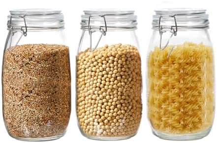3 Pack 51oz Food Storage Jars with Airtight Lids, Preserving Seal Wire Clip Fastening Glass Containers, Canisters for Kitchen Organization, Flour, Cereal, Pasta, Sugar, Beans, Pickling Jars(51 Oz*3)