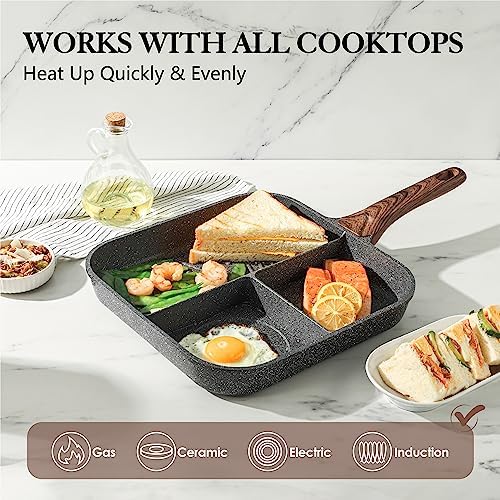 Sensarte Nonstick 11-Inch Square Grill Pan, 3-Section Versatile Breakfast Skillet, Die-cast Aluminum, PFOA, PFOS, APEO Free, Induction, Gas, Electric, Glass, Ceramic