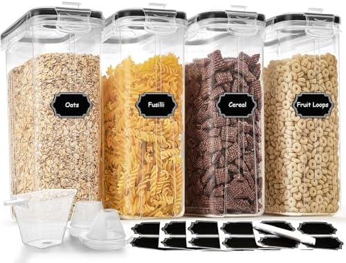 Cereal Containers Storage Set (4L / 135.2oz), 4PCS Airtight Food Storage Containers with Lids, Cereal Dispensers for Kitchen Pantry Organization and Storage with Pour Spout, 20 Labels, Marker