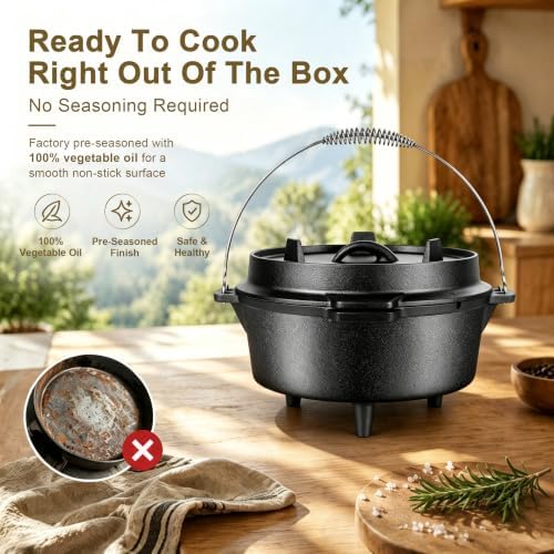Joyfair Pre-seasoned Cast Iron Camp Dutch Oven, 7.6QT Pot & 2QT Skillet Lid
