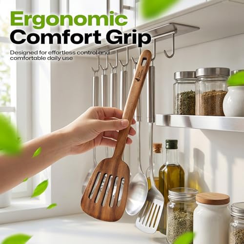 AIUHI Natural Teak Slotted Spatula, Ergonomic Long Handle Cook Spatula, Heat‑Resistant Food‑Grade Wooden Turner for Home Kitchen Daily Cooking