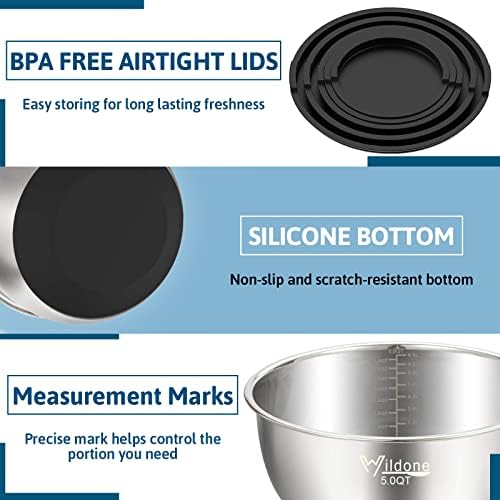 Wildone Mixing Bowls with Lids Set, Stainless Steel Mixing Bowls Set of 5