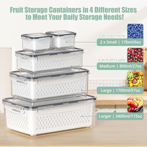 Anysig 5 Pack Fridge Fruit Storage Containers with Colander & Handle Lids