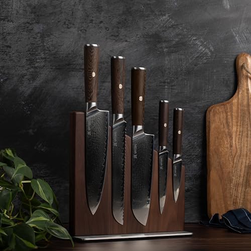 Yatoshi Knives Magnetic Kitchen Knife Block Set 6 Pcs- Japanese Damascus 67 Layer High-Grade VG-10 Steel Knives, Professional Kitchen Knife Set, Espresso Brown Pakkawood Handles