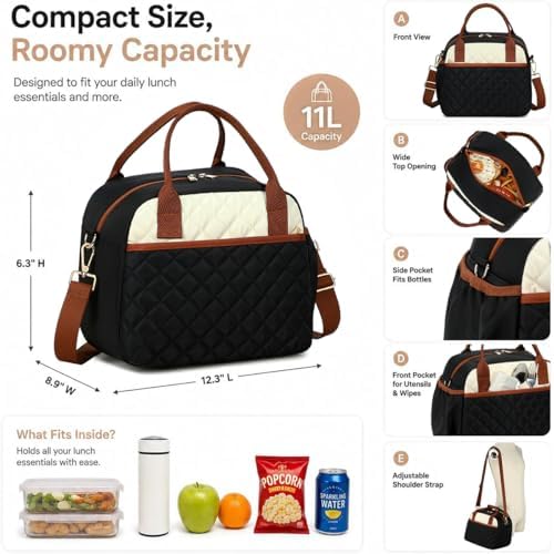 CAMTOP Lunch Box for Women Insulated Lunch Bag Large Lunchbox Cooler Thermal Leakproof Quilted Reusable Lunch Tote Bag for Work School Travel Picnic