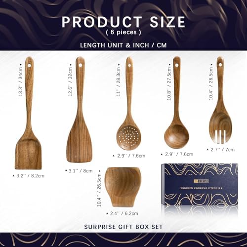 Wooden Spoons for Cooking, 6-Piece Acacia Wood Utensil Gift Set