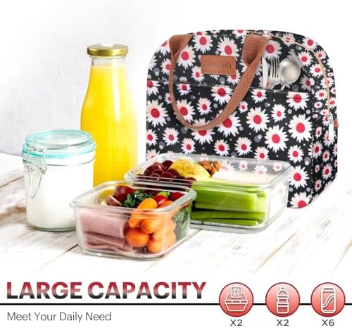 Lunch Bag for Women & Men Adult Insulated Lunch Box, Small Leakproof Cooler Food Lunch Containers Reusable High Capacity Lunch Tote Bags for Work, Travel, Outdoor (Red Flower)