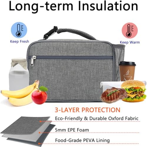 GYEUKHAM Insulated Lunch Box for School, Thermal Reusable Durable Freezable Lunch Bags for Kids Boys Girls Men Women - Small Soft Cooler Portable Lunch Tote Kit for Work Picnic Travel,Grey