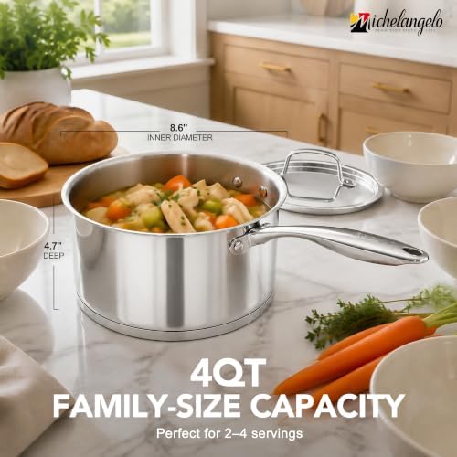 MICHELANGELO 4 Quart Stainless Steel Saucepan with Lid, Tri-Ply Base
