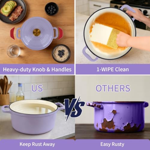 Enameled Cast Iron Dutch Oven with Lid&Silicone Grip, Round Casserole Pot for Bread Baking, Braising, Roasting,Stews,Heavy-Duty Baking Pan,Oven Safe, Induction Compatible (4.7QT,Purple)