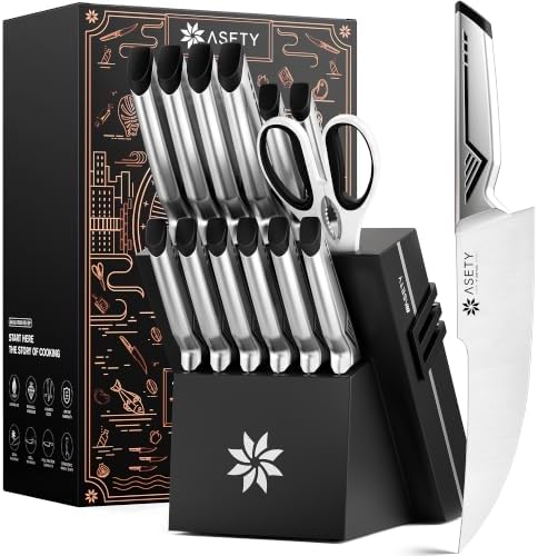 ASETY Kitchen Knife Set, 15 PCS One-Piece Stainless Steel Knife Block Set