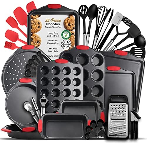 Eatex Nonstick Baking Sheet Set, 39-Piece Baking Pans Set with Silicone Handles, Carbon Steel Cookie Sheets for Baking, Commercial Grade Quality Bakeware Sets Includes Kitchen Utensils Set and More