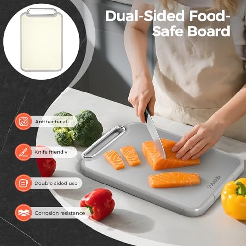 Sumzzz Stainless Steel Cutting Board for Kitchen, 2-in-1 Double-Sided Chopping Board, 304 Stainless Steel/Food Grade PP (Silver, Set of 2(S+M))