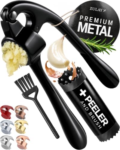 Zulay Kitchen Premium Garlic Press Set - Rust Proof Professional Garlic Mincer Tool - Easy-Squeeze, Easy-Clean with Soft, Ergonomic Handle - Silicone Garlic Peeler & Brush (Black)