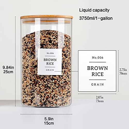 HHMJSM 1 Gallon Large Glass Food Storage Containers With Airtight Bamboo Lid - Kitchen Glass Storage Jars Canister With 42 Pantry Labels - Thicken Big Clear Rice Containers For Your Pantry