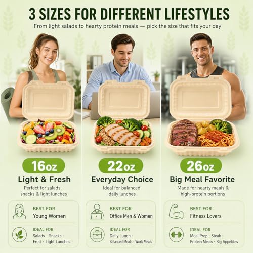 Clamshell Take Out Food Containers, 50 Pack-22oz Disposable Meal Prep Containers Natural Rice Husk Material Durable To Go Containers for Pasta Salad Snacks Taco Chinese Food Restaurants 8"X6"X2.5"