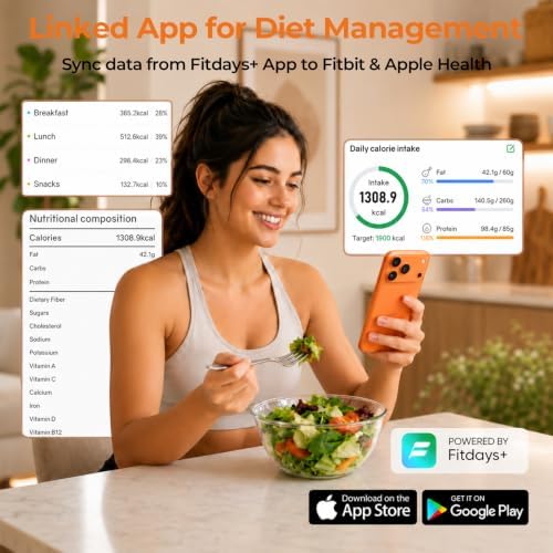 Smart Nutrition Food Scale, TFT Color Screen, Fitdays+ App, 50 Offline Foods, Sync Apple Health & Fitbit, 11lb Stainless Steel Digital Kitchen Scale for Weight Loss & Baking