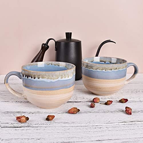 Bosmarlin Large Ceramic Coffee Mug Set of 2, Stoneware Jumbo Latte Mugs for Office and Home, 16 Oz, Dishwasher and Microwave Safe(Blue, 2)