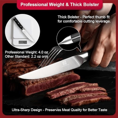 Medium Steak Knives Set of 2, 4.5 Inch High-Carbon Stainless Steel Serrated Steak Knife, Ergonomic Black Handles, Razor-Sharp, Dishwasher Safe, Rust-Resistant & Durable, Full Tang With Excellent Gift